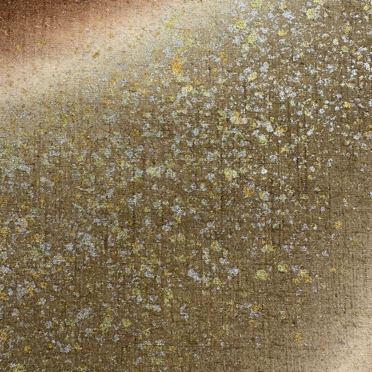 袋帯 名品 五月みどり 落款 紬地 幾何学模様 金銀彩 ぼかし 茶色 お太鼓柄 正絹