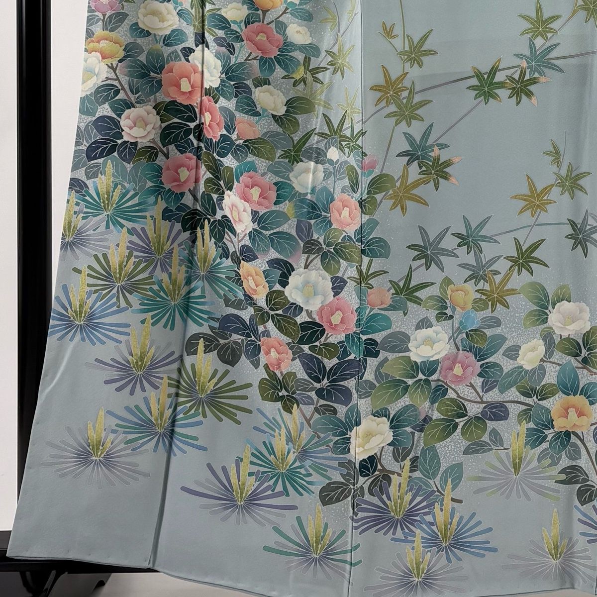 訪問着 身丈162 cm 裄丈66.5 M 袷 落款 椿 若松 青灰色 正絹 名品