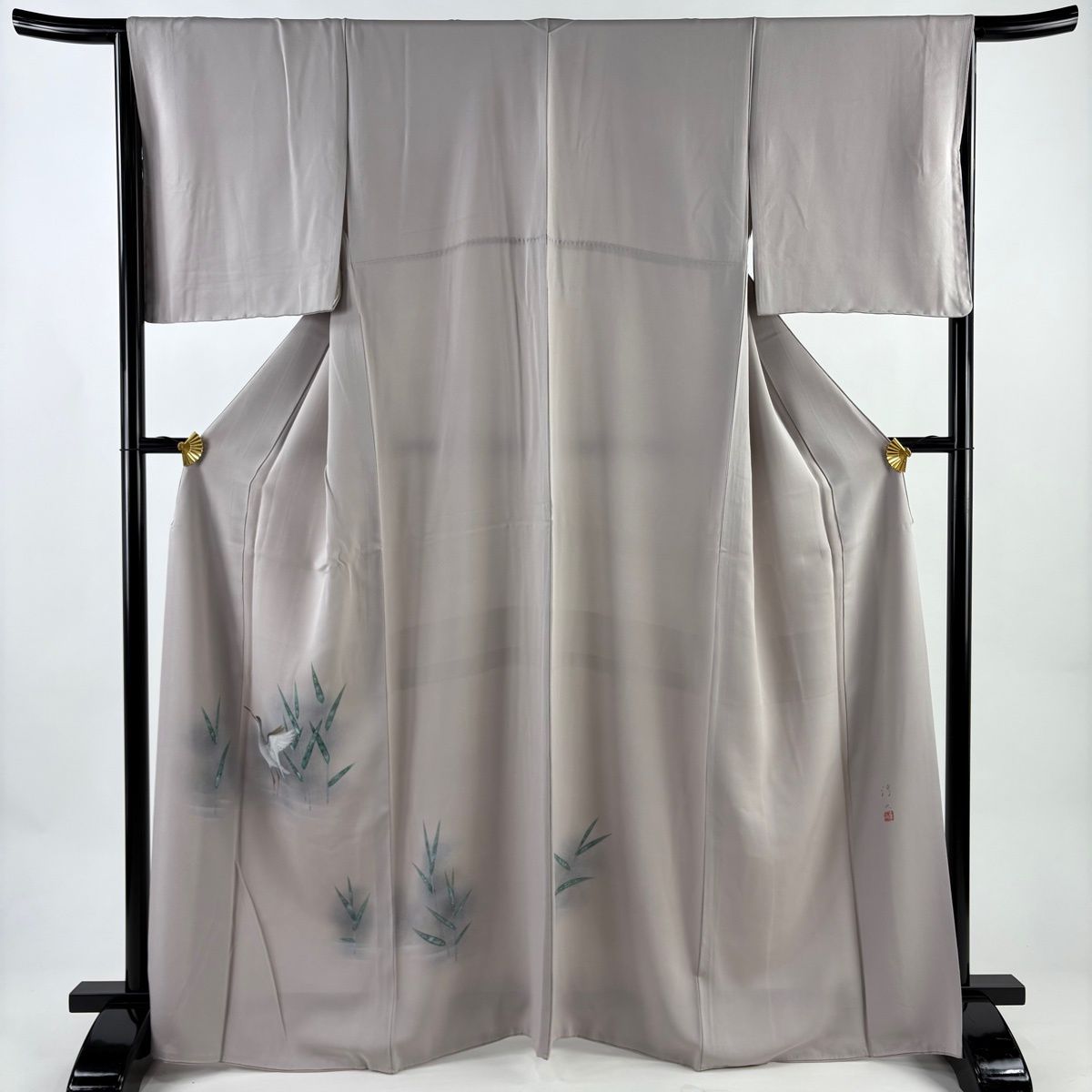 付下げ 身丈163 cm 裄丈66 M 袷 落款 鳥 葉柄 銀彩 薄小豆 正絹 名品