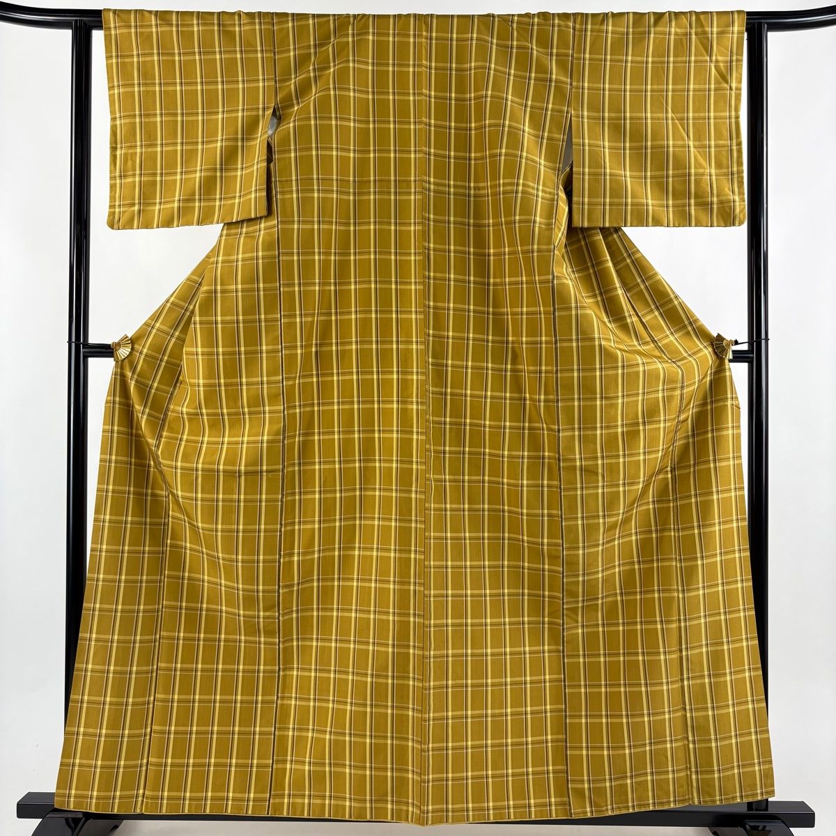 紬 身丈160 cm 裄丈62.5 S 袷 縞 格子 山吹茶色 正絹 名品