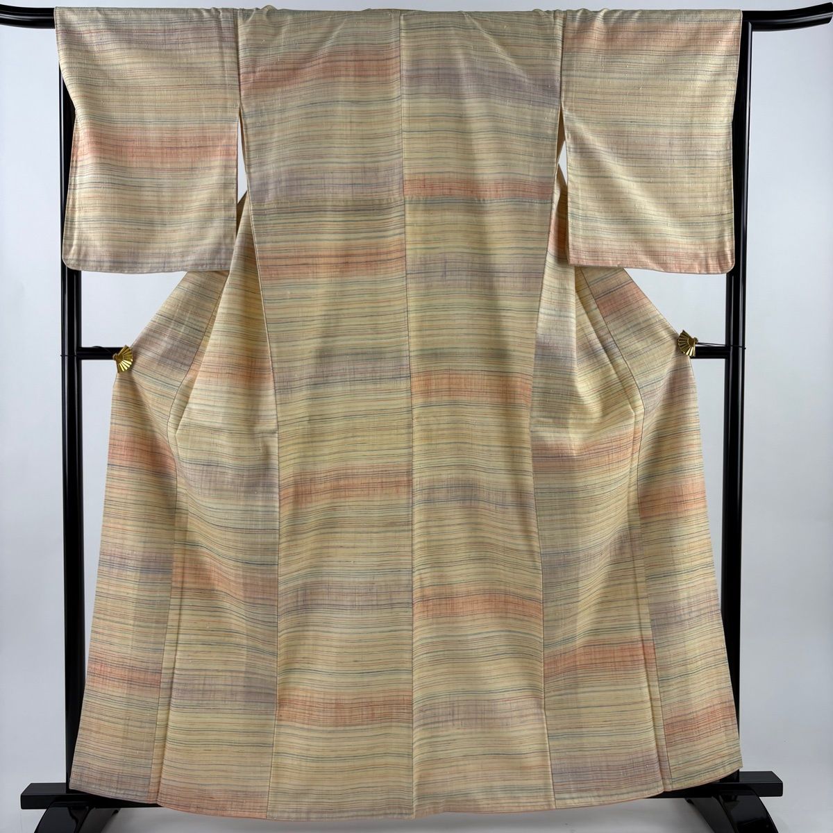紬 身丈161 cm 裄丈66 M 袷 縞 薄黄 正絹 名品