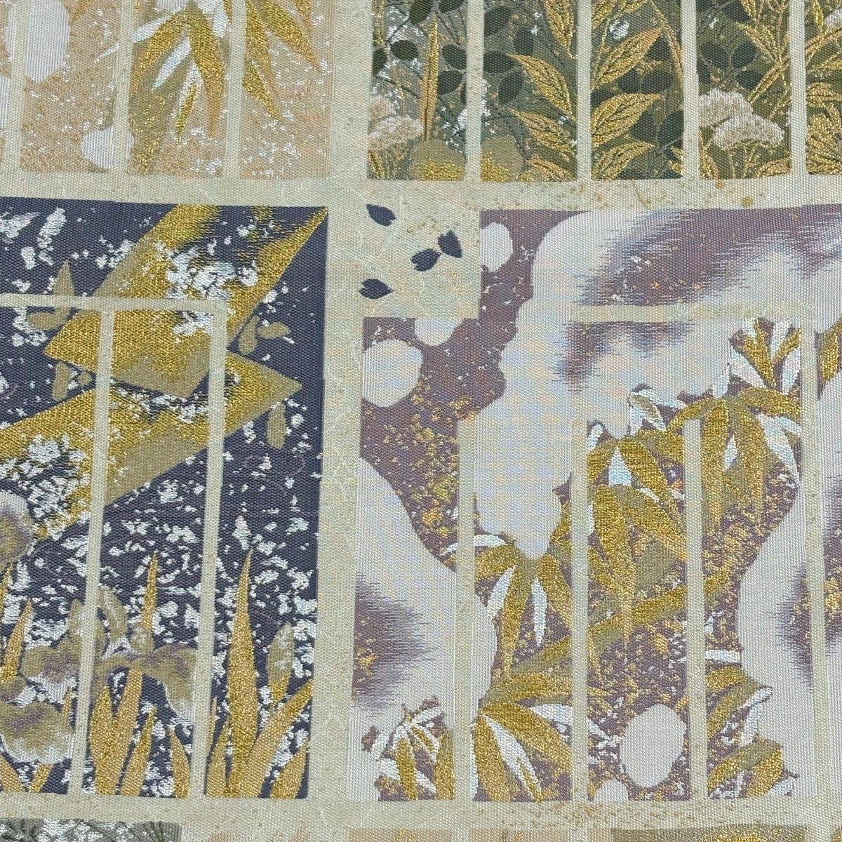 袋帯 となみ織物 落款 源氏物語 鈴乃屋 源氏香 草花 金糸 箔 クリーム 六通 正絹