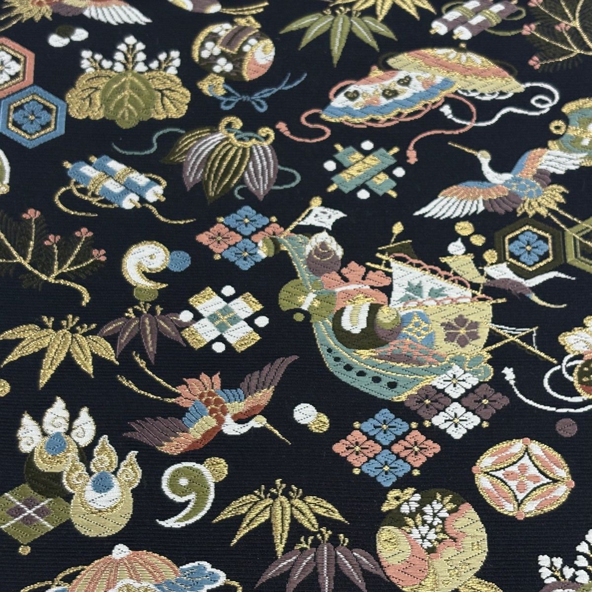 袋帯 宝来船 鶴 松竹 唐織 金糸 黒 六通 正絹