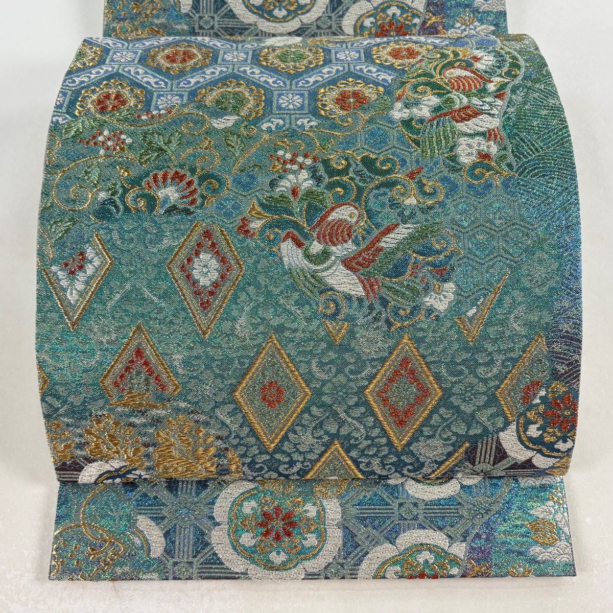 袋帯 陽文綴 鴛鴦 菱 金糸 唐織 青緑 六通 正絹