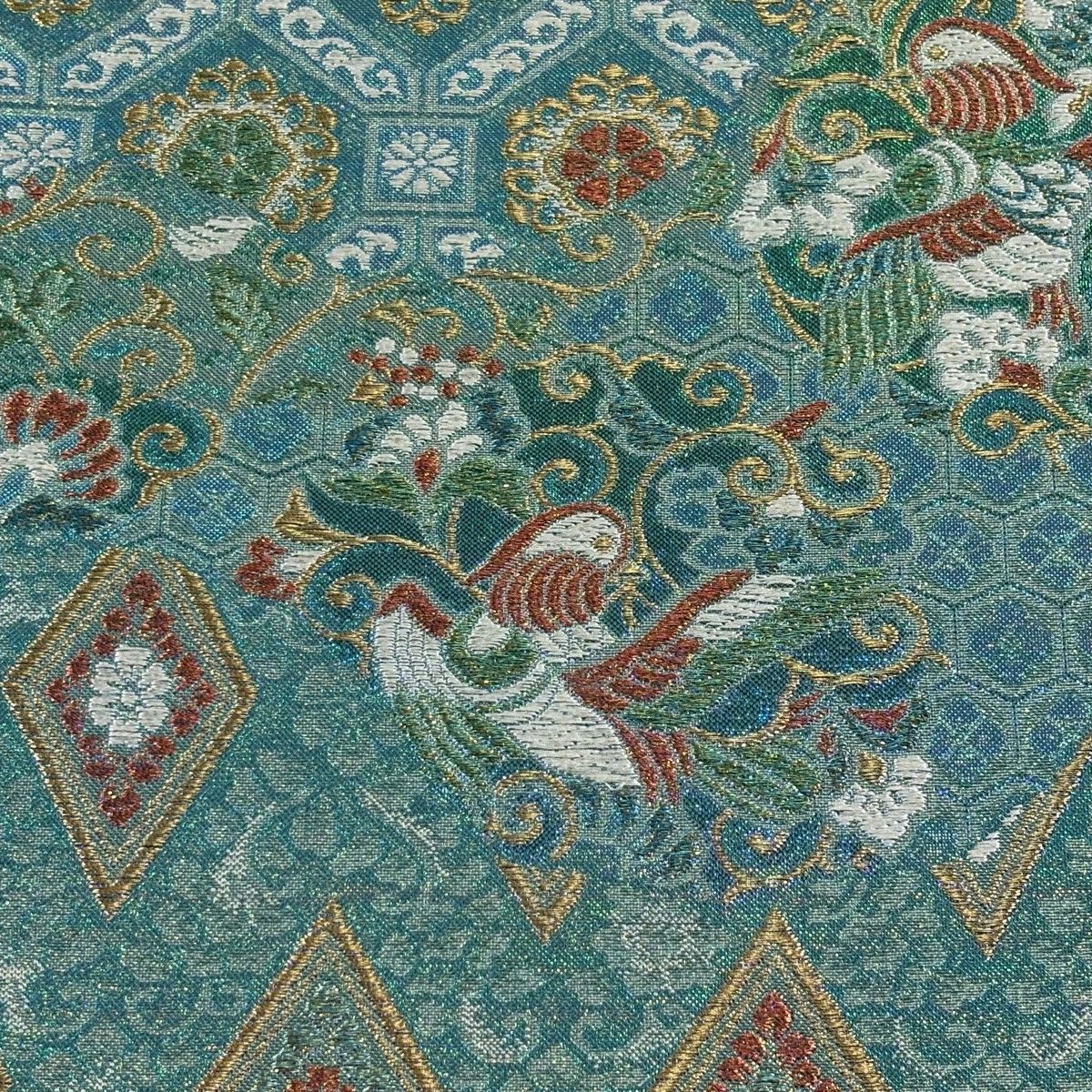 袋帯 陽文綴 鴛鴦 菱 金糸 唐織 青緑 六通 正絹