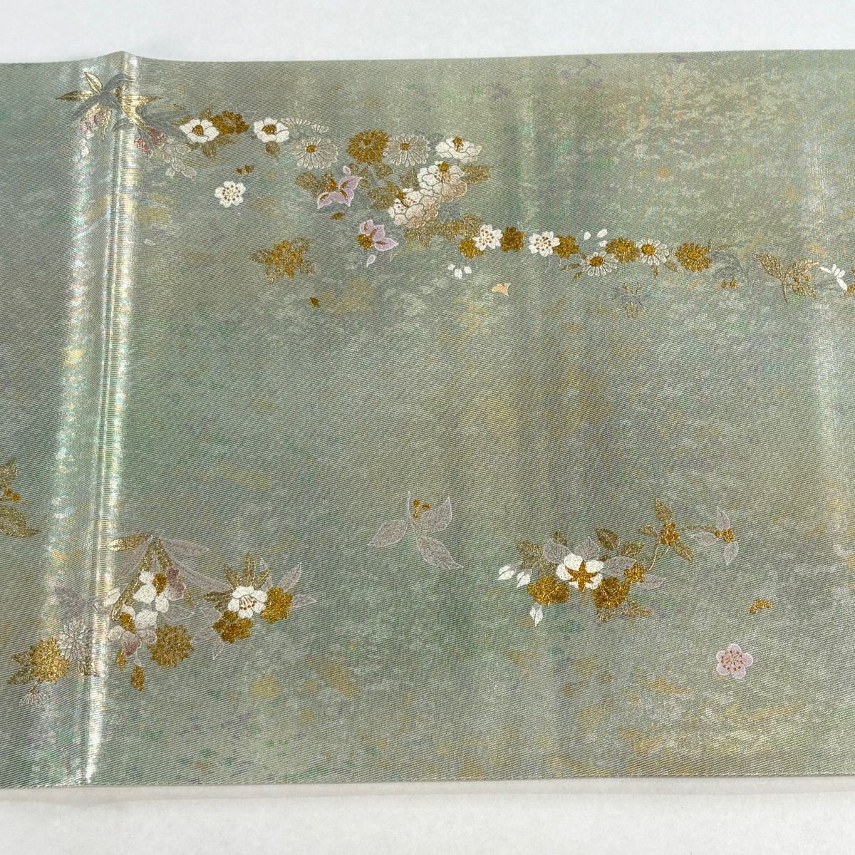 美品】 袋帯 逸品 和田光正 落款 草花 桜 金銀彩 箔 薄緑 お太鼓柄