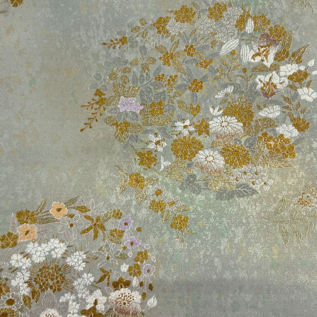 美品】 袋帯 逸品 和田光正 落款 草花 桜 金銀彩 箔 薄緑 お太鼓柄