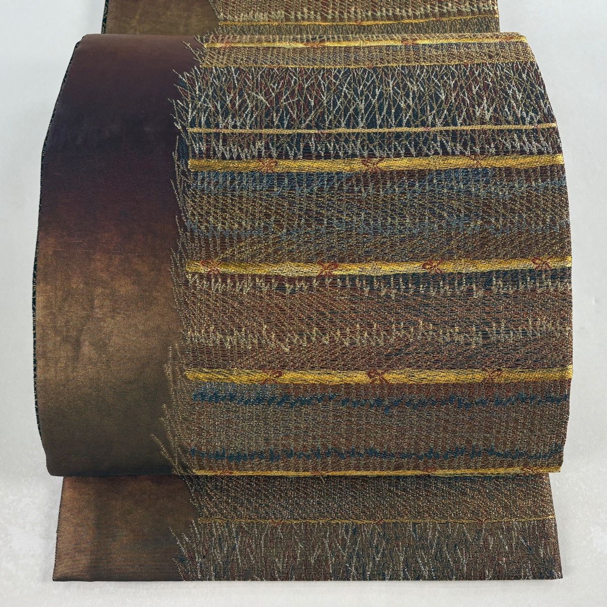袋帯 紋屋井関 落款 御寮織 柴垣 金銀糸 箔 焦茶色 六通 正絹