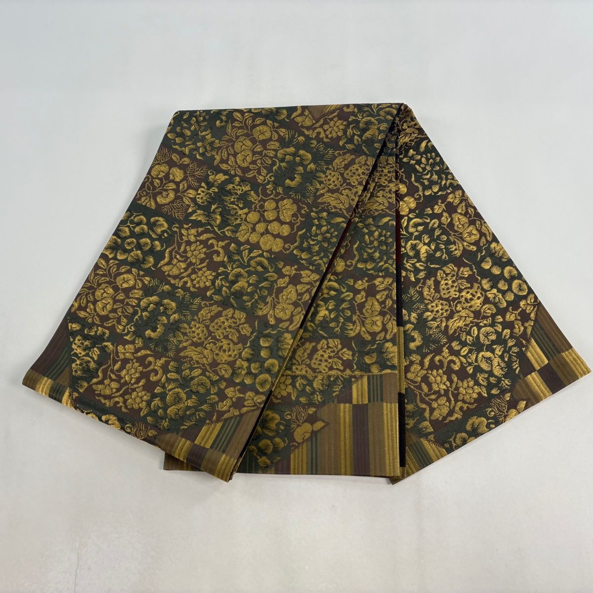  袋帯 誉田屋源兵衛 落款 草花 縞 金糸 箔 焦茶色 全通 正絹 袋帯 帯