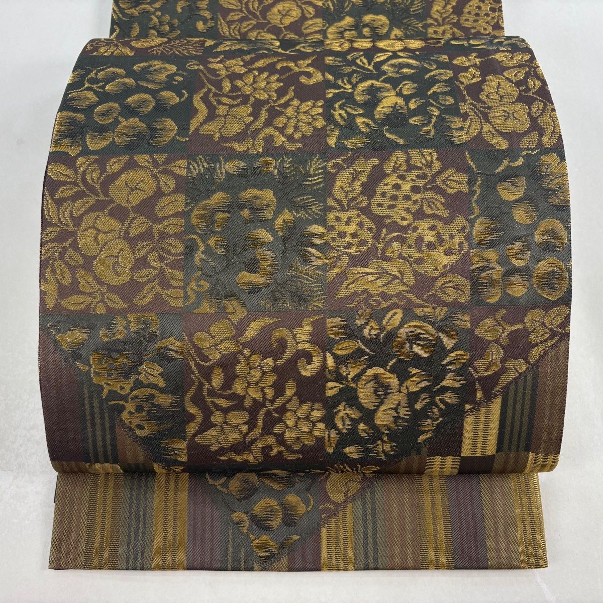 袋帯 誉田屋源兵衛 落款 草花 縞 金糸 箔 焦茶色 全通 正絹
