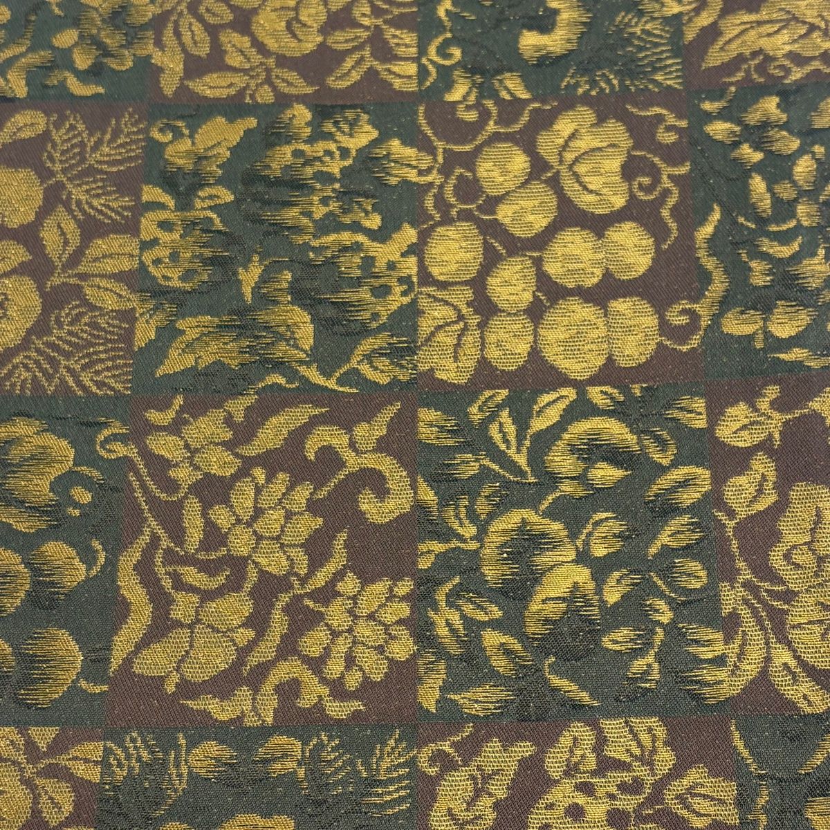 袋帯 誉田屋源兵衛 落款 草花 縞 金糸 箔 焦茶色 全通 正絹