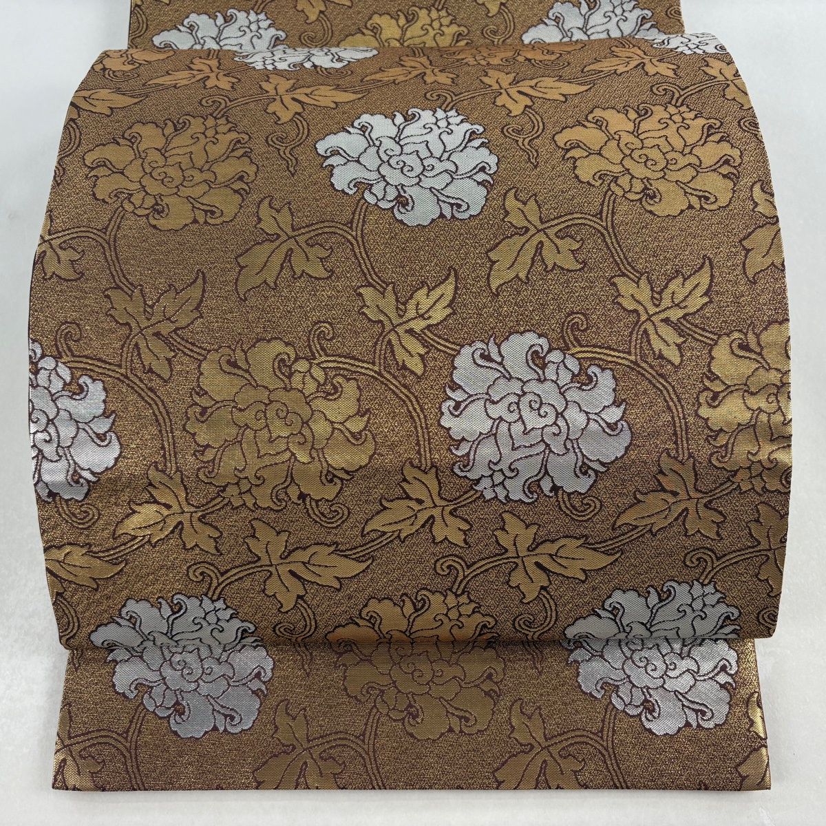袋帯 龍村晋 落款 金銀二重蔓牡丹錦 牡丹唐草 箔 金色 全通 正絹