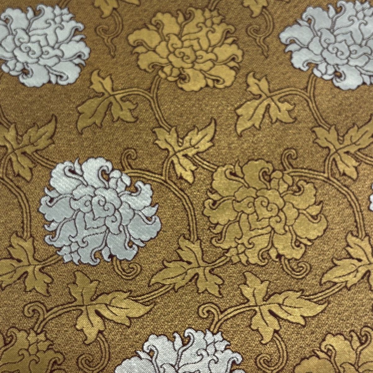 袋帯 龍村晋 落款 金銀二重蔓牡丹錦 牡丹唐草 箔 金色 全通 正絹