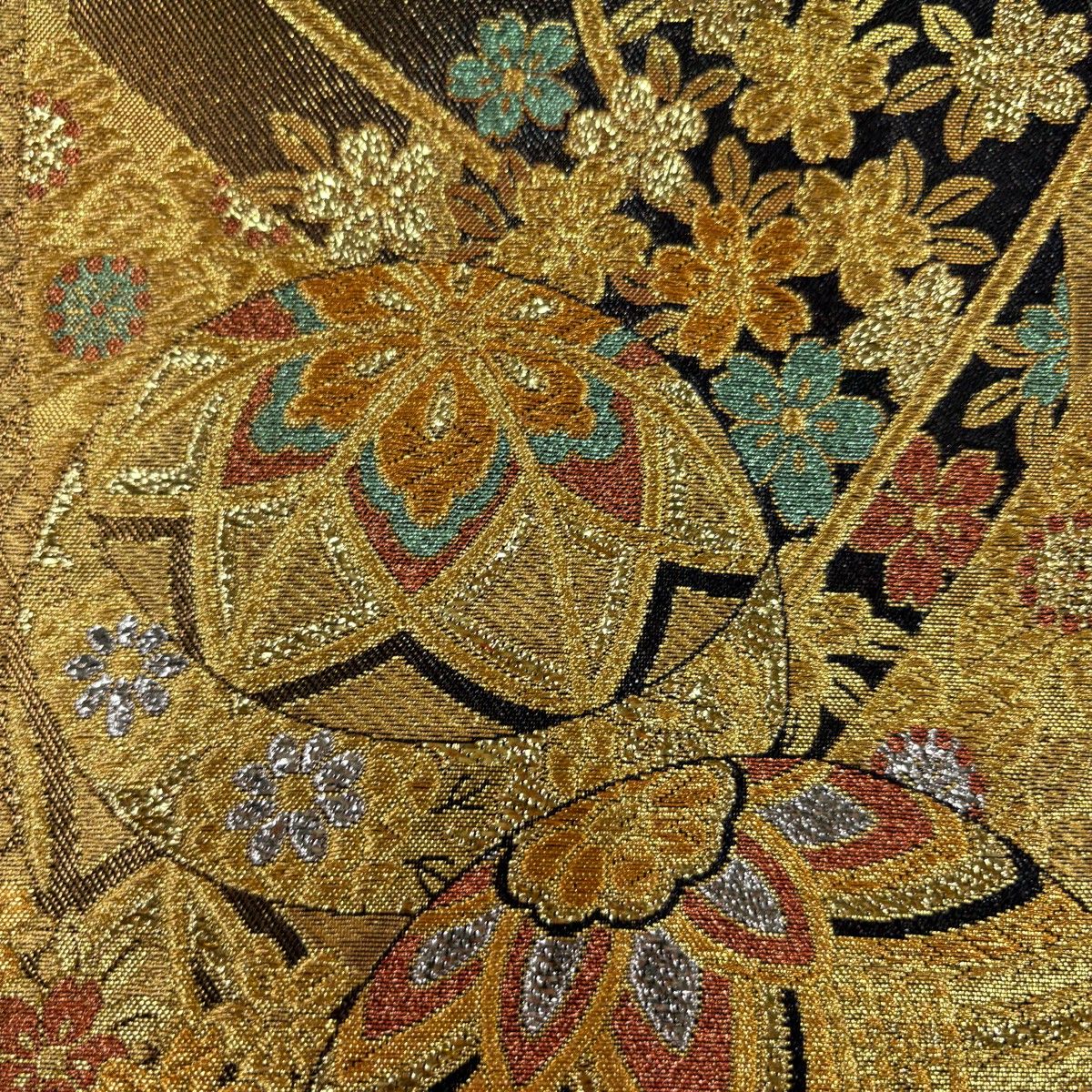  振袖 身丈166 cm 裄丈66 M 袷 袋帯フルセット 手鞠 桜 金彩 ぼかし えんじ色 正絹 秀品 振袖 着物