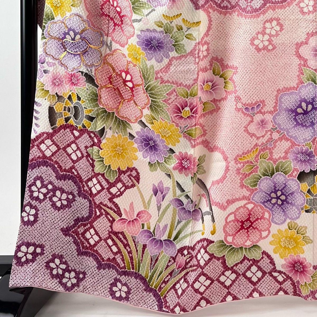 振袖 身丈163.5 cm 裄丈66.5 M 袷 袋帯フルセット 牡丹 草花 絞り 金糸 ピンク 正絹 名品