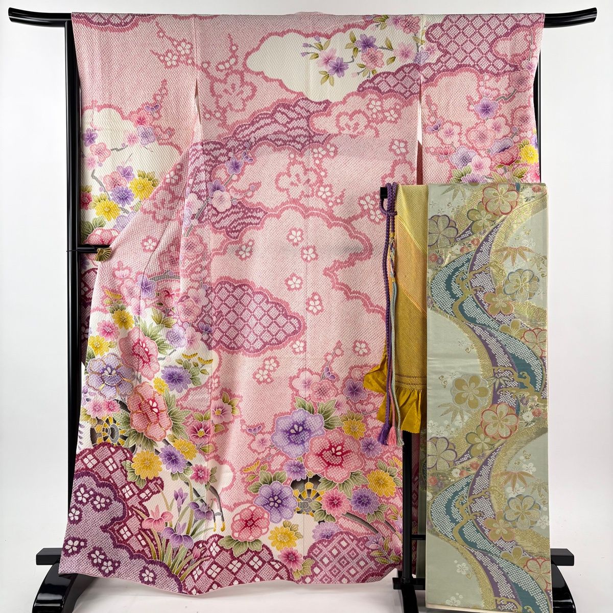 振袖 身丈163.5 cm 裄丈66.5 M 袷 袋帯フルセット 牡丹 草花 絞り 金糸 ピンク 正絹 名品