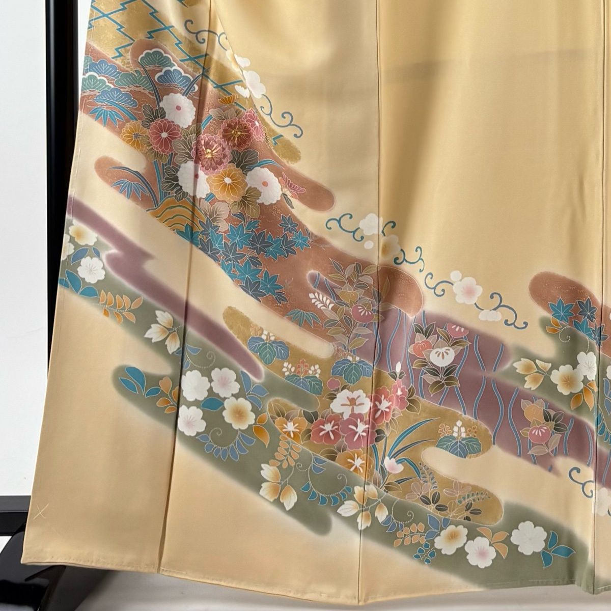 訪問着 身丈164 cm 裄丈65.5 M 袷 袋帯セット 菊 ヱ霞 金糸 金彩 薄オレンジ 正絹 秀品