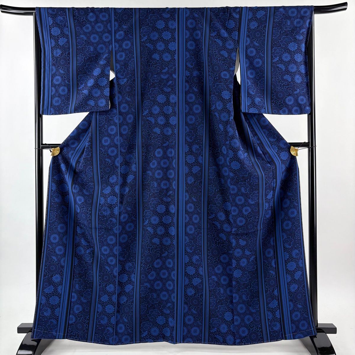 小紋　フルセット　正絹　紺色　袷　N5 小紋 身丈163.5cm 裄丈66cm M 袷 名古屋帯セット 花唐草 縞 紺色 正絹