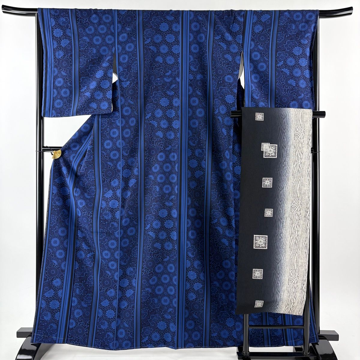 小紋 身丈163.5 cm 裄丈66 M 袷 名古屋帯セット 花唐草 縞 紺色 正絹 秀品