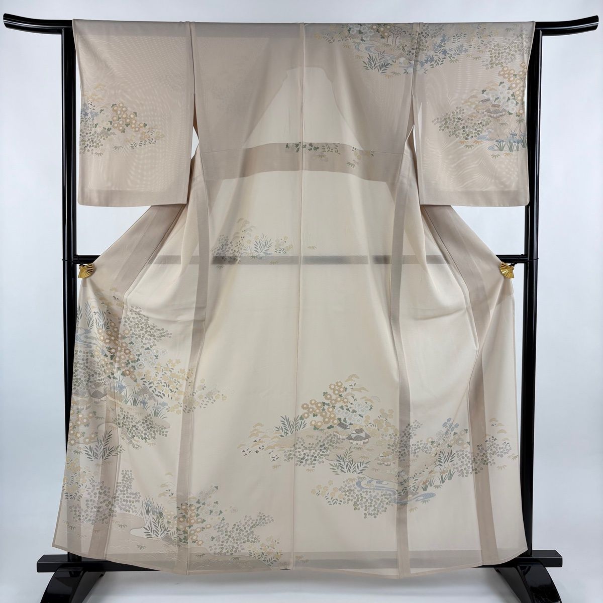 訪問着 身丈161 cm 裄丈64 M 薄物 千總 絽 落款 家屋 秋草 銀彩 薄小豆 正絹