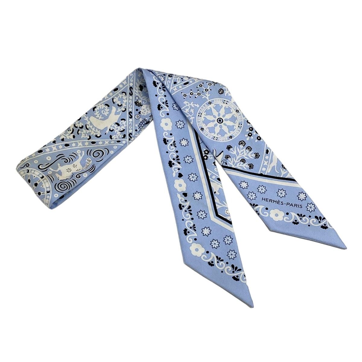 HERMES エルメス スカーフ ツイリー ライトブルー×黒×白 リボンスカーフ|花柄|鳥|馬|魚