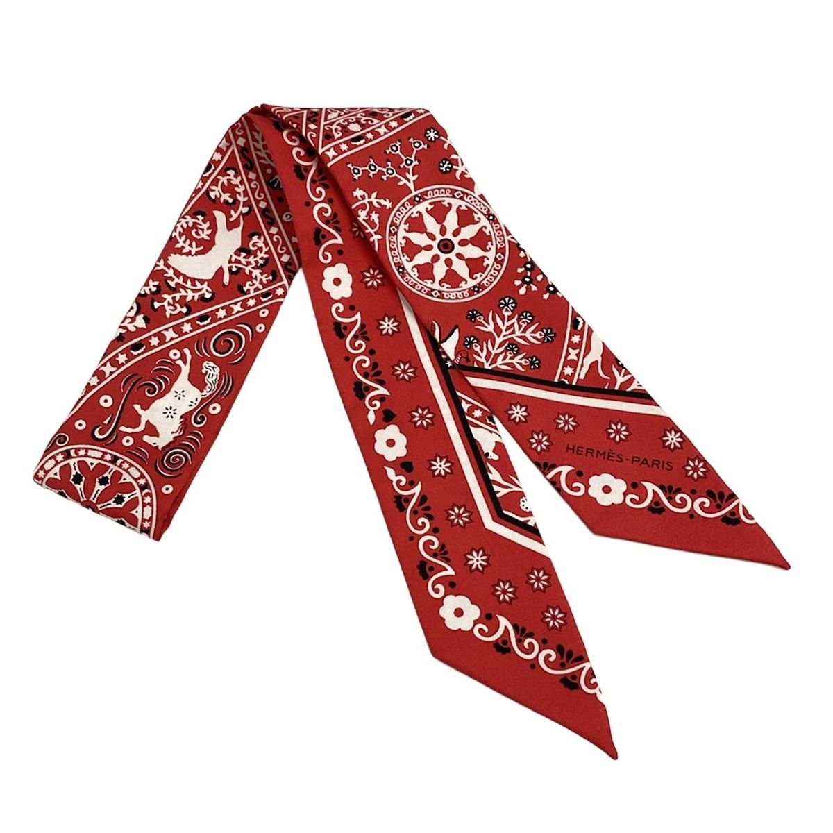 さ*こ様 【美品】HERMES エルメス スカーフ バンダナ 馬柄 レッド系 HERMES(エルメス) スカーフ美品 ツイリー レッド×白×黒 リボンスカーフ