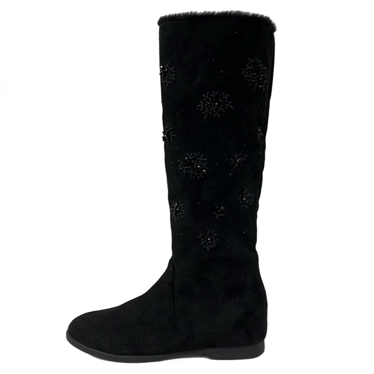 アンテプリマ ロングブーツ 23 1 2 レディース 黒 ラインストーン ビジュー 刺繍 フラワー 花 インソール取外し可 ムートン