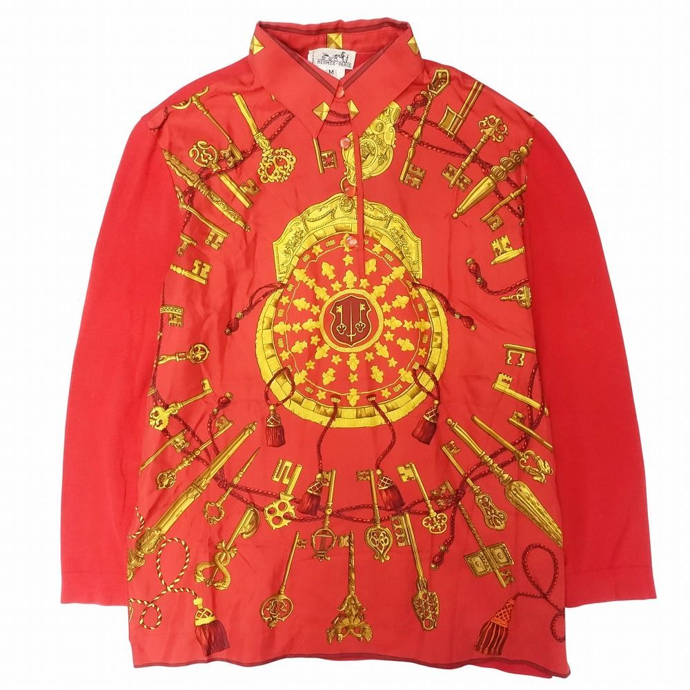 Vintage HERMES エルメス シルク スカーフ柄 カシミヤ混 ニット