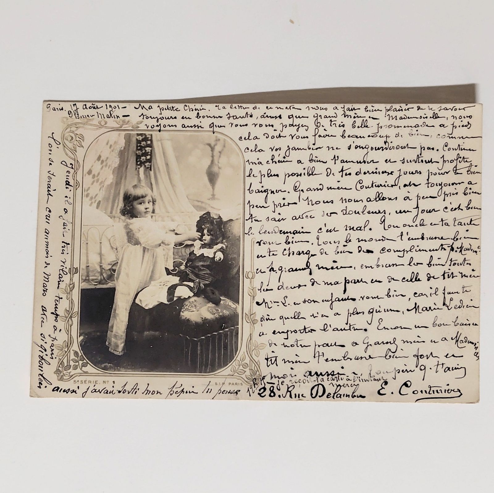 長い手紙 ― 人形と少女のいる部屋 フランス ヴィンテージ ポストカード