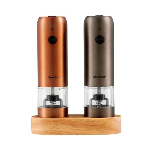 シービージャパン ペッパーミル 充電式 電動ミル ソルト-ペッパー カッパー-グラファイトグレー 2本セット ウッドスタンド付 岩塩 胡椒 スパイス 粗さ調節 atomico m