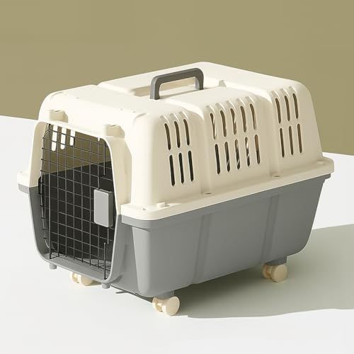 ペットキャリー クレート 中型犬～大型犬用 グレー Lサイズ ハードキャリー 通気性良好 取っ手付き キャスター付き 幅45×奥行60×高さ41 47 cm HKX 07 m