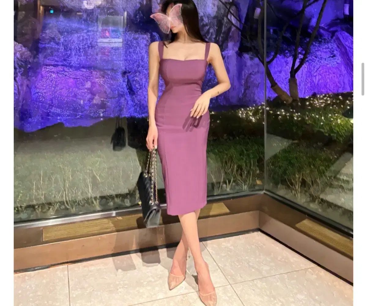 ディープパープル スクエアネック スリムフィット ワンピース ミディ丈