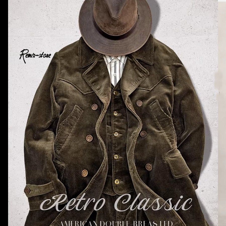 最 グッド アメリカン スタイル ミドル丈 ダブル ヘヴィ コーデュロイコート ジャケット S〜2 XL 大きいサイズ ヴィンテージ O 669