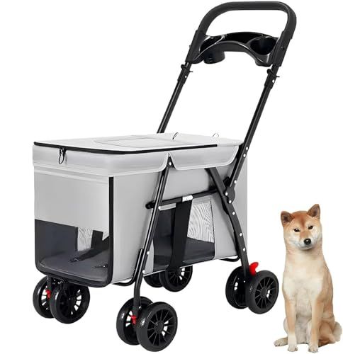 ペットカート 中型犬 小型犬 バギー 折り畳み 多頭 猫 コンパクト 軽量 ペットバギー 組み立て簡単 4輪 前輪360°回転 後輪ブレーキ付き 耐荷重55 Kg カップホルダー フックなど付属 グレー m
