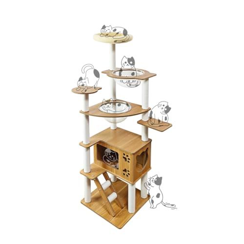 日本メーカー RAKU キャットタワー 木製 宇宙船付き 高さ約160 cm 子猫 短足猫向け 多頭飼い 猫ハウス 爪とぎ支柱ポール 丸角デザイン 猫タワー 据え置き ホワイトコットン支柱 シンプル お手入れ簡単 キャットタワ M ホワイト mm