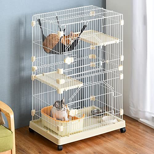 タンスのゲン 猫ケージ 2段 幅69×奥行48×高さ106 cm コンパクト ハンモック キャスター付き スリム キャットケージ 天井扉 猫 ケージ 87054 mm