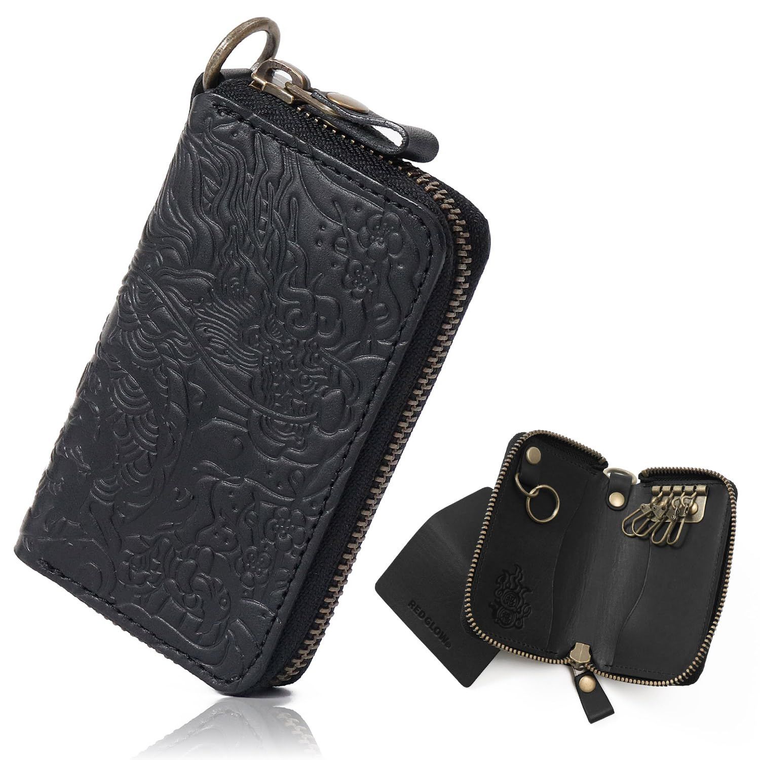 レッドグロウ キーケース メンズ スマートキー 本革 多機能 ドラゴン 龍柄 rg-009 モダンブラック