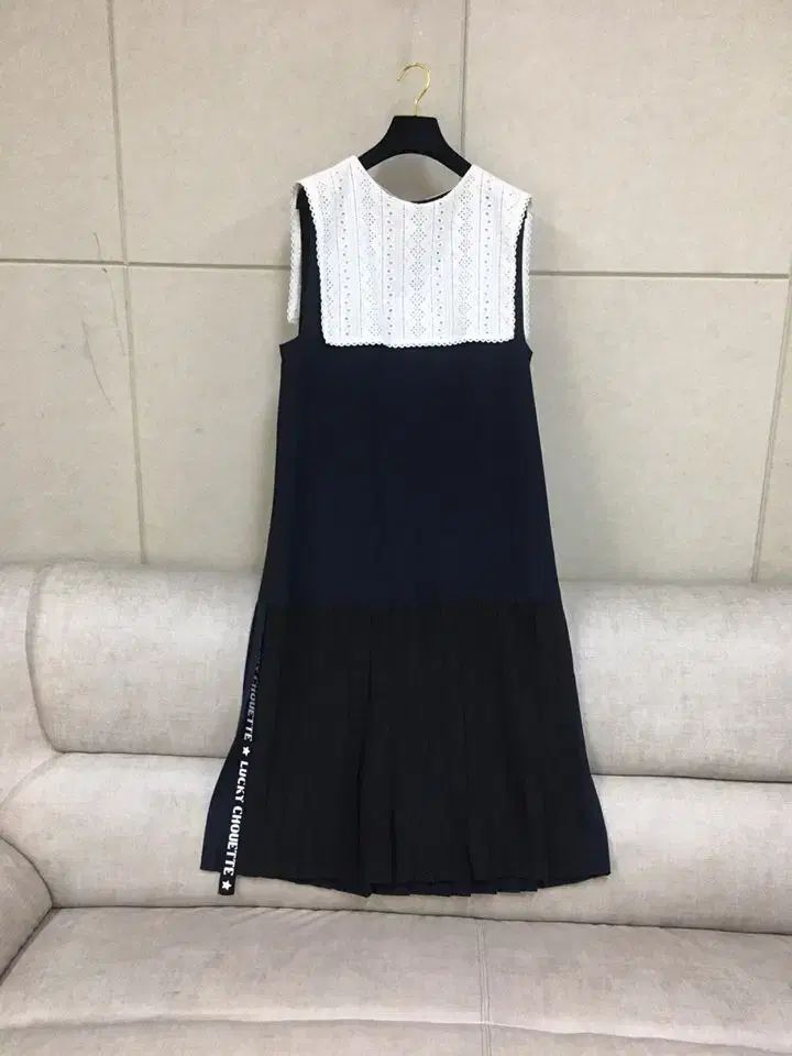 LUCKY CHOUETTE ラッキーシュエトゥ レイ レース セーラーカラー プリーツ ロング丈ワンピース ネイビー