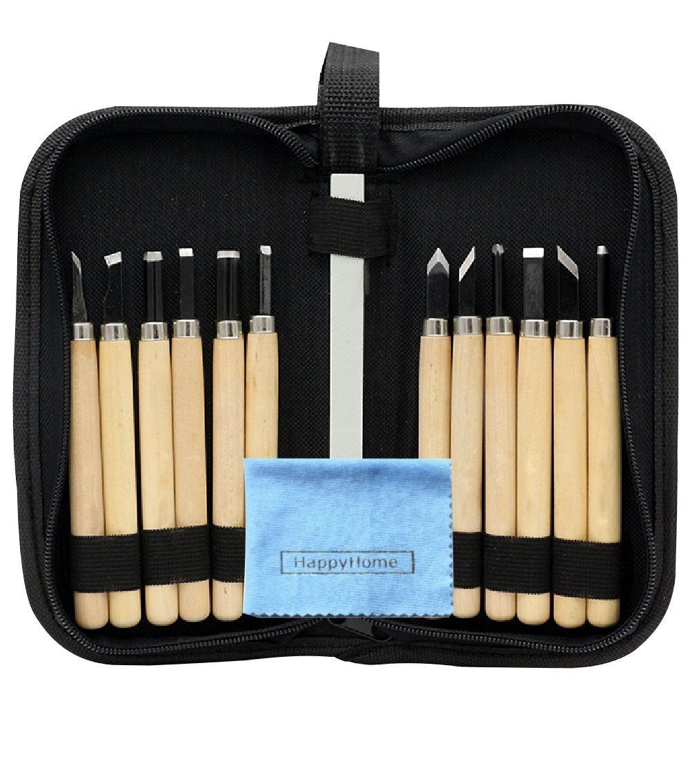 在庫処分 セット 砥石付き 収納ケース 12本 クリーニングクロス付き 彫刻刀 木彫り HappyHome 木工道具