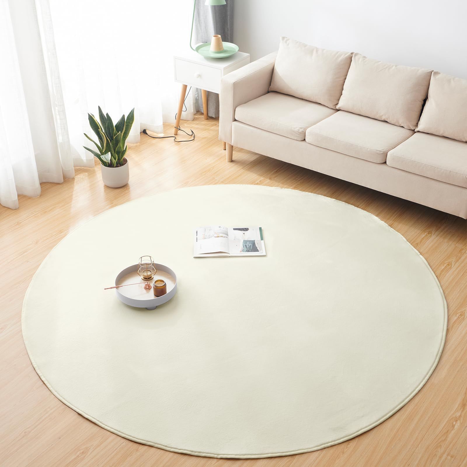 防臭 抗菌 オールシーズン快適に使用 防ダニ 洗える 絨毯 滑り止め付 床暖房 直径120 cm ホットカーペット対応 円形 ラグマット ふわふわ肌触り カーペット フランネルラグ ラグ 無地 アイボリー Keusnix