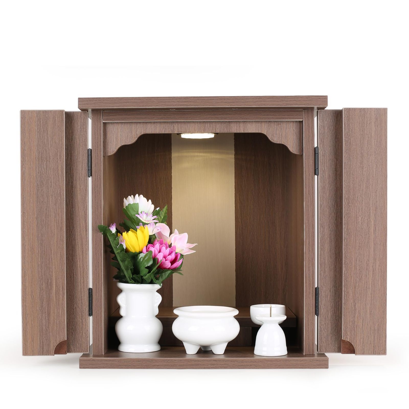 在庫処分 ミニ仏壇 ミニ モダン 新12号 LED照明付 桜シールをプレゼント 幅33 cm 奥行き26 高さ36 cm|小さな|コンパクト リビング おしゃれに最適 ウォールナット色