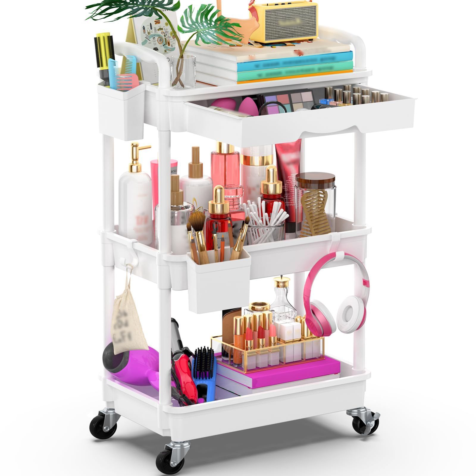 在庫 ホワイト 幅37.8×奥行26.9×高さ75.9 cm 収納ワゴン キッチン用 オフィス バスルーム バスケットラック 隙間収納 小物 多機能 仕切板付き 収納カップ ハンドル付き 引き出し付き 3段 ローリング キッチンワゴン Goovilla