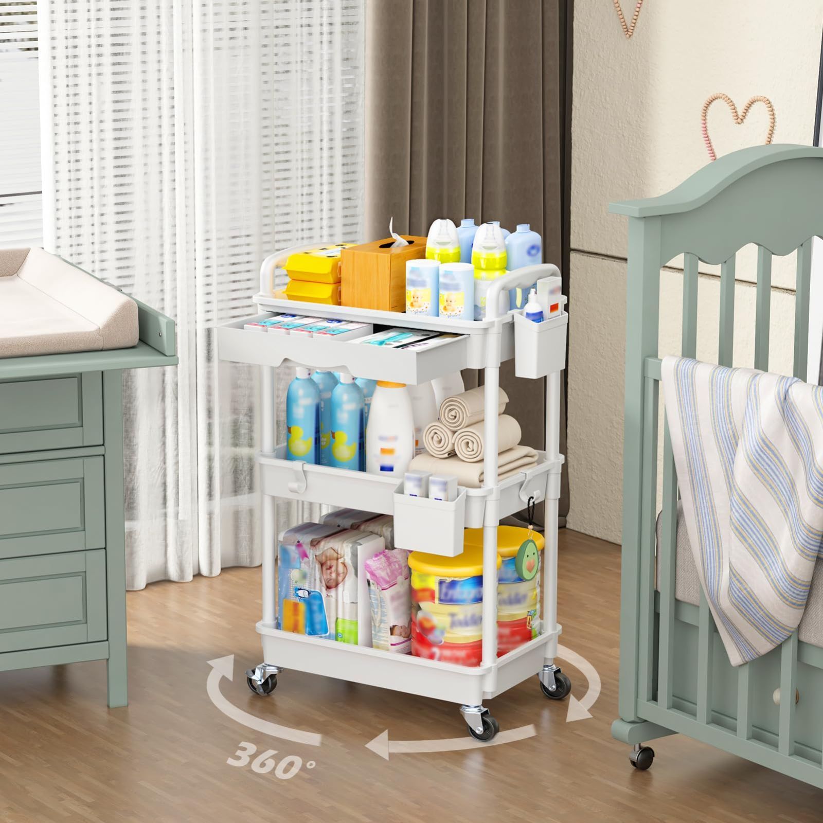 在庫 ホワイト 幅37.8×奥行26.9×高さ75.9 cm 収納ワゴン キッチン用 オフィス バスルーム バスケットラック 隙間収納 小物 多機能 仕切板付き 収納カップ ハンドル付き 引き出し付き 3段 ローリング キッチンワゴン Goovilla