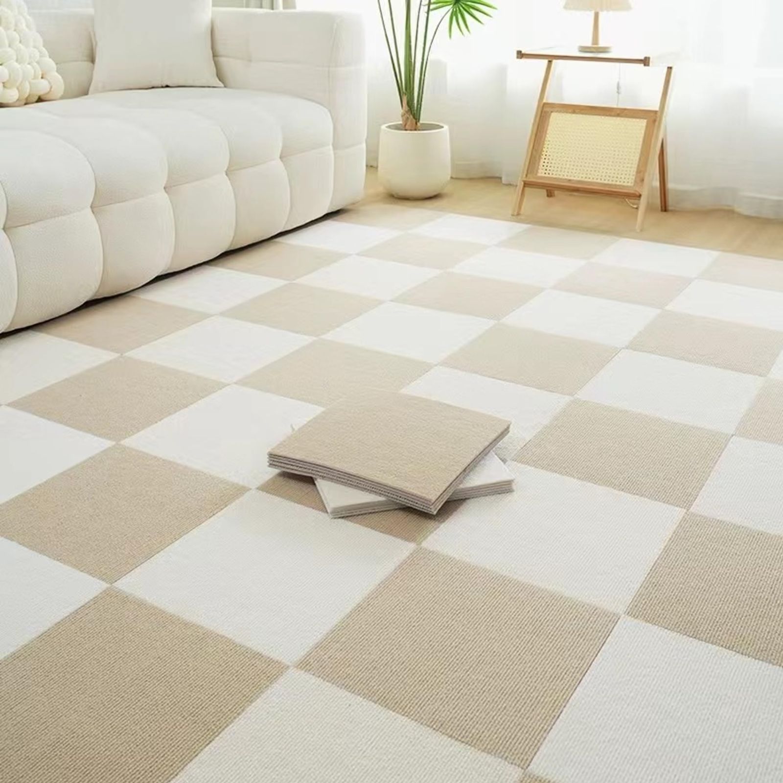 在庫 床暖房対応 設置簡単 ペット|お年寄り|ペット猫犬滑り止め対策 家庭|オフィス|事務所 40組 パンチカーペット タイルマット 床保護 洗える おくだけ吸着 おしゃれ カーペット 防音シート キャメルホワイト オフホワイト ハサミでカット可 フ