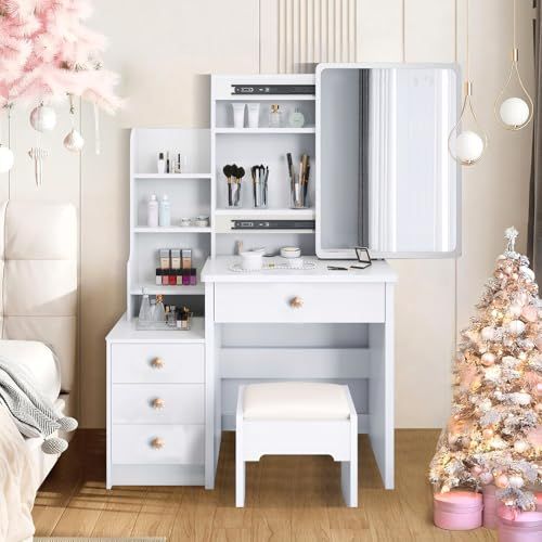 ドレッサー 鏡台 コンパクト 3段引き出し 収納 化粧台 スライド式女優ミラー スツール付き 北欧風モダン 狭小空間対応 ホワイト S m