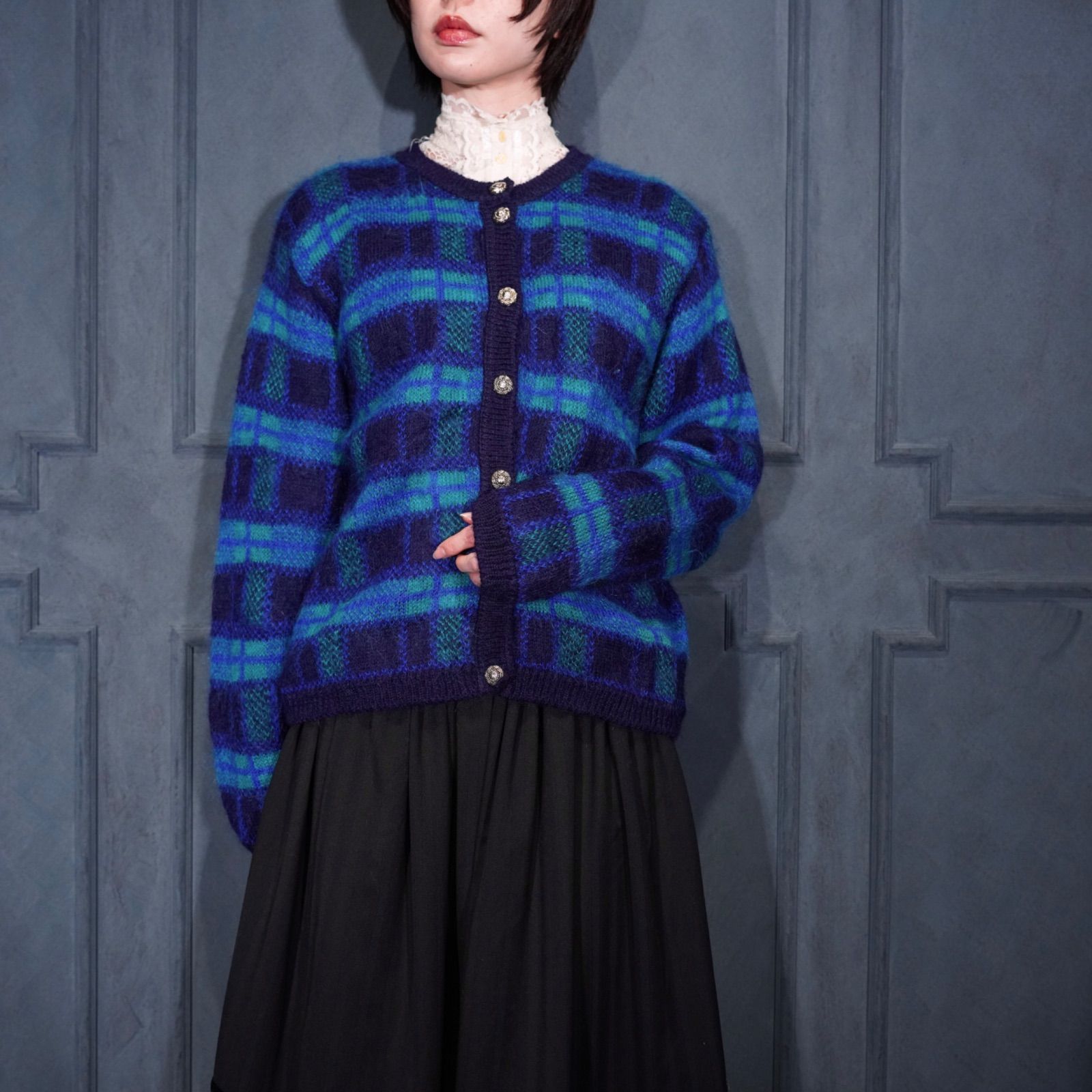 EU VINTAGE PITLOCHRY KNITWEAR CHECK PATTERNED DESIGN MOHAIR KNIT CARDIGAN MADE IN BRITISH ISLES|ヨーロッパ古着チェック柄デザインモヘアニットカーディガン