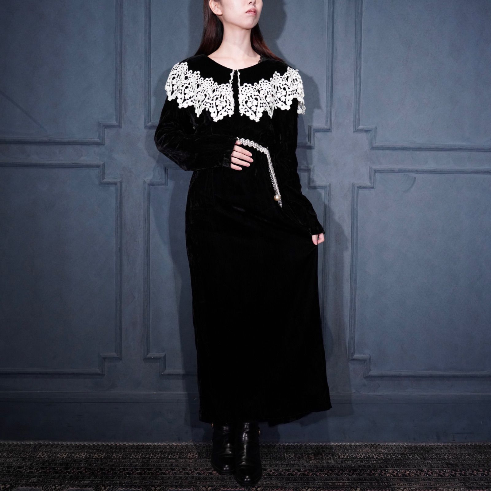 USA VINTAGE JESSICA McCLINTOCK BLIDAL GUNNE SAX LACE BIG COLLAR DESIGN VELOUR ONE PIECE|アメリカ古着ガニーサックスレースビッグカラーデザインベロアワンピース
