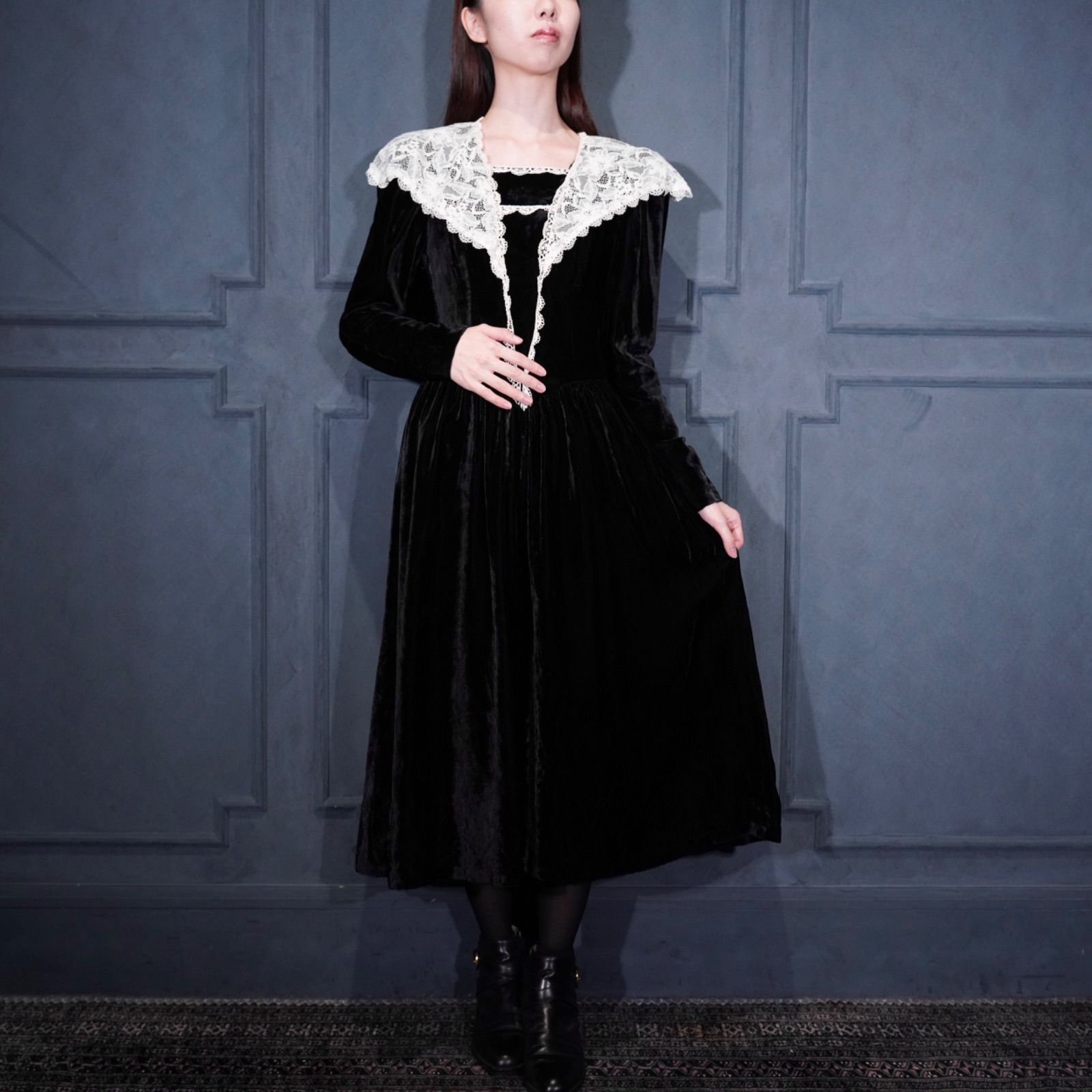 USA VINTAGE GUNNE SAX By JESSICA McCLINTOCK LACE COLLAR DESIGN VELOUR DRESS ONE PIECE|アメリカ古着ガニーサックスレースカラーデザインベロアドレスワンピース
