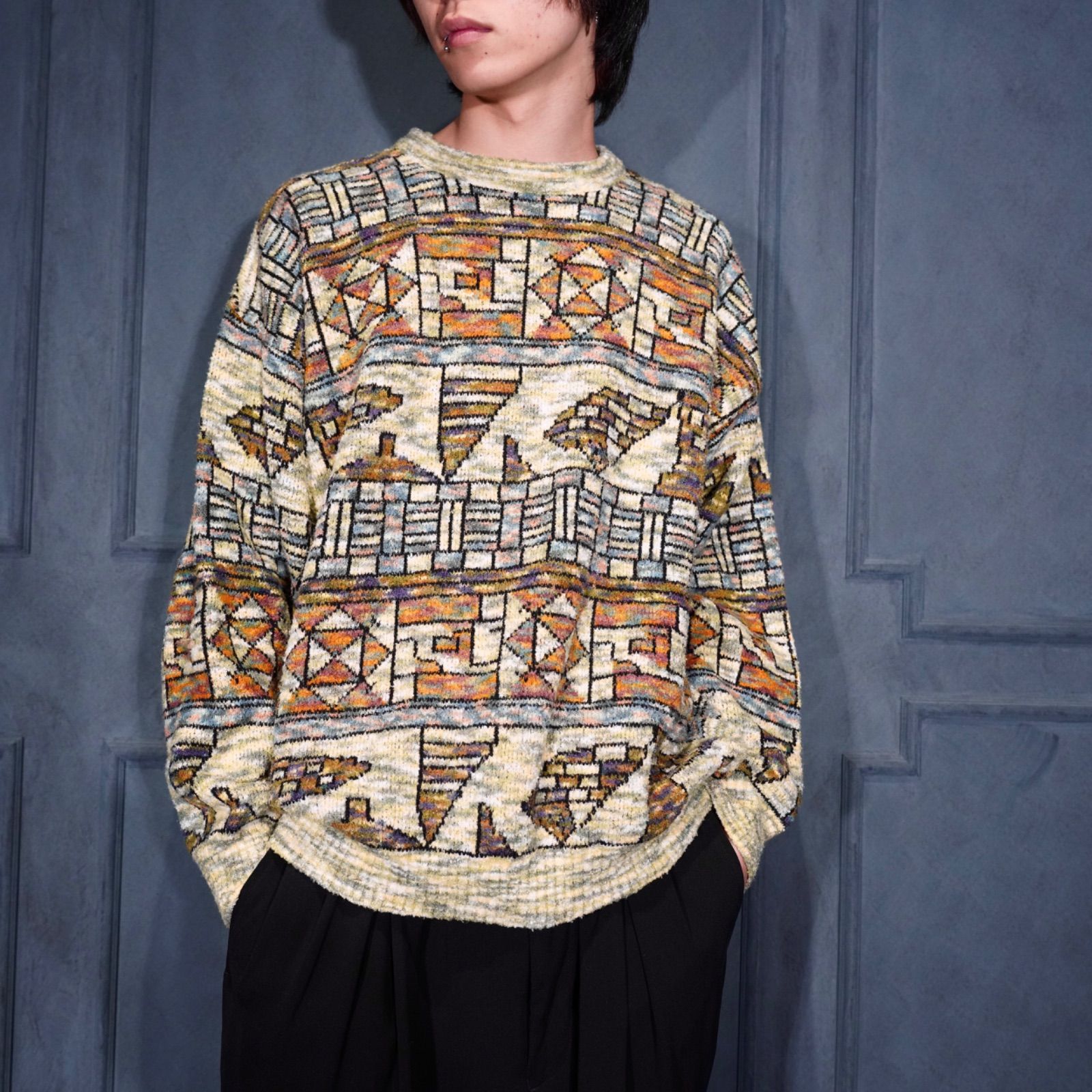 USA VINTAGE Acoustic STAINED GLASS DESIGN PILE KNIT|アメリカ古着ステンドグラスデザインパイルニット