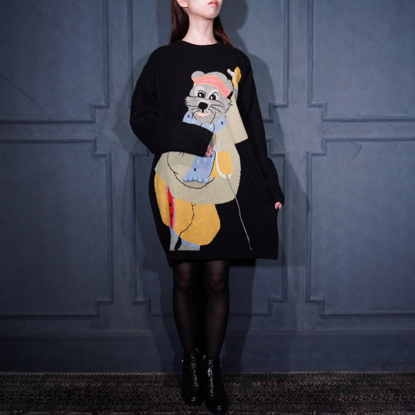 EU VINTAGE Frapp ANIMAL EMBROIDERY PATCHWORK DESIGN KNIT ONE PIECE|ヨーロッパ古着アニマル刺繍パッチワークデザインニットワンピース